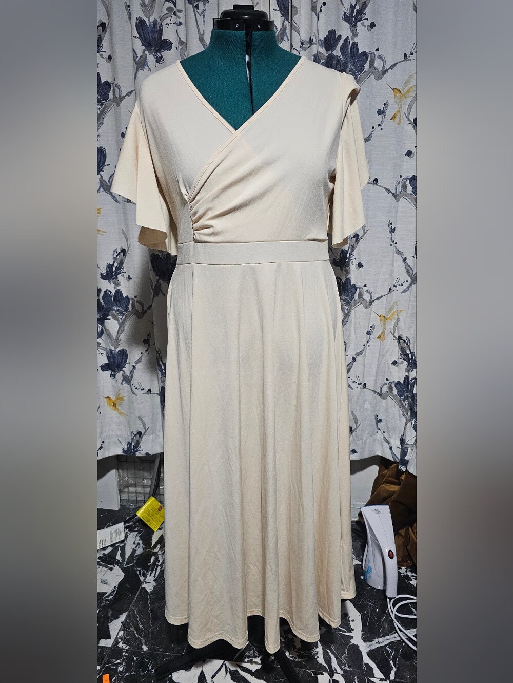 Soft Cream Wrap-Front Midi Dress